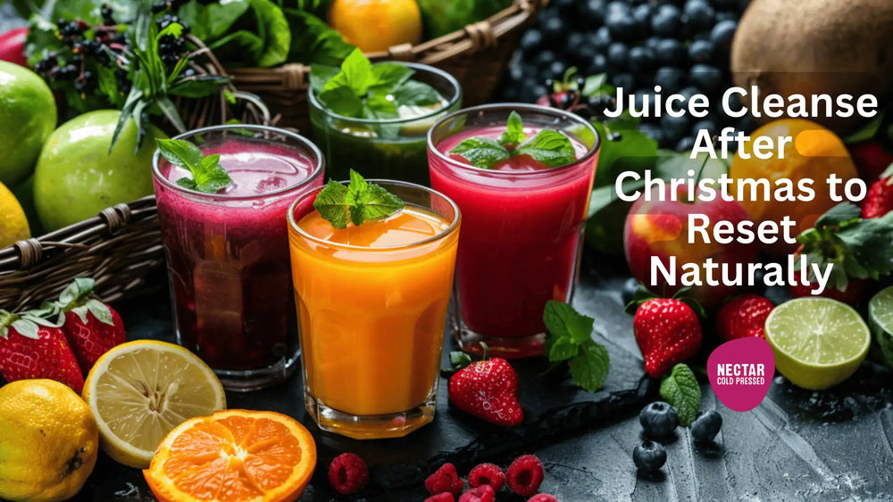juice cleanse after Christmas, post holiday detox, Christmas detox cleanse, festive health hacks, post Christmas cleanse, holiday reset juice, cold pressed juice cleanse, Christmas bloating relief, New Year detox, post feast detox